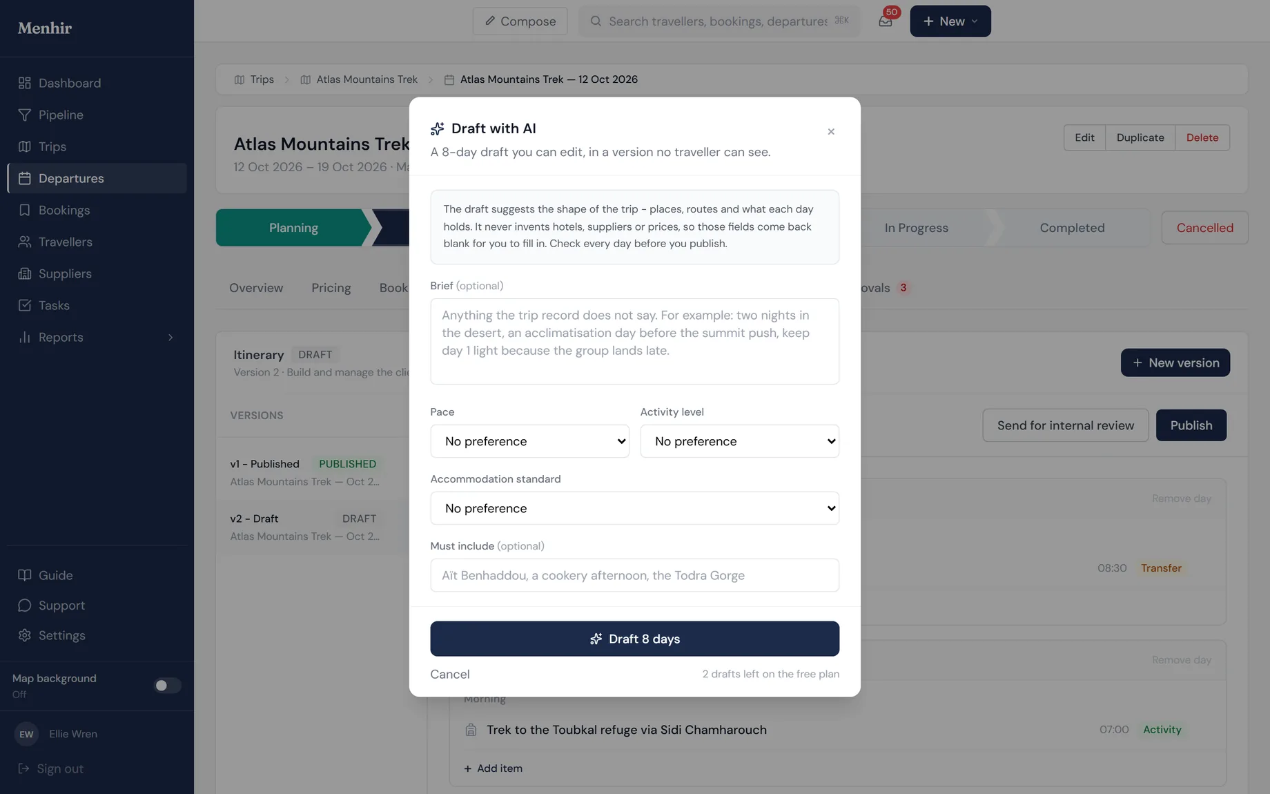 The Draft with AI panel, which writes a complete day-by-day itinerary into a new draft version for the operator to edit.