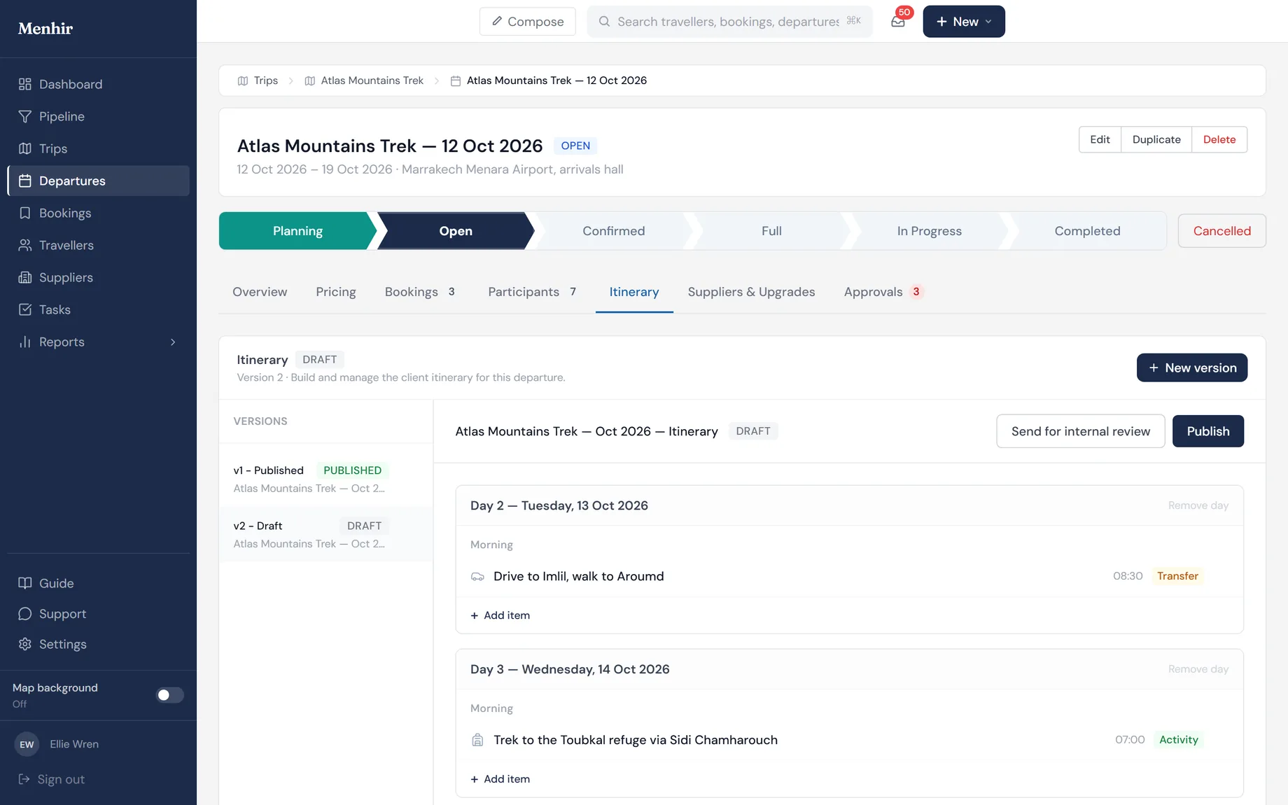 The day-by-day itinerary builder, with accommodation, activities, transfers and meals arranged across the days of a departure.