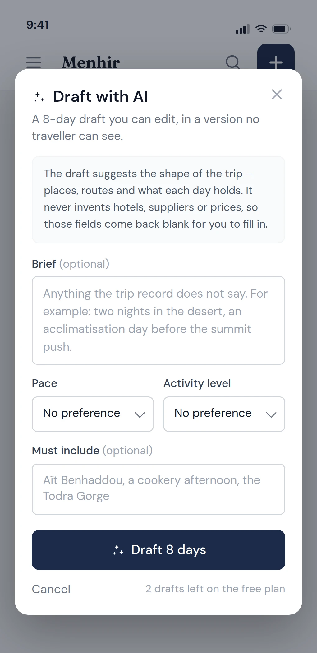 The Draft with AI panel on a phone, which writes a complete day-by-day itinerary into a new draft version.