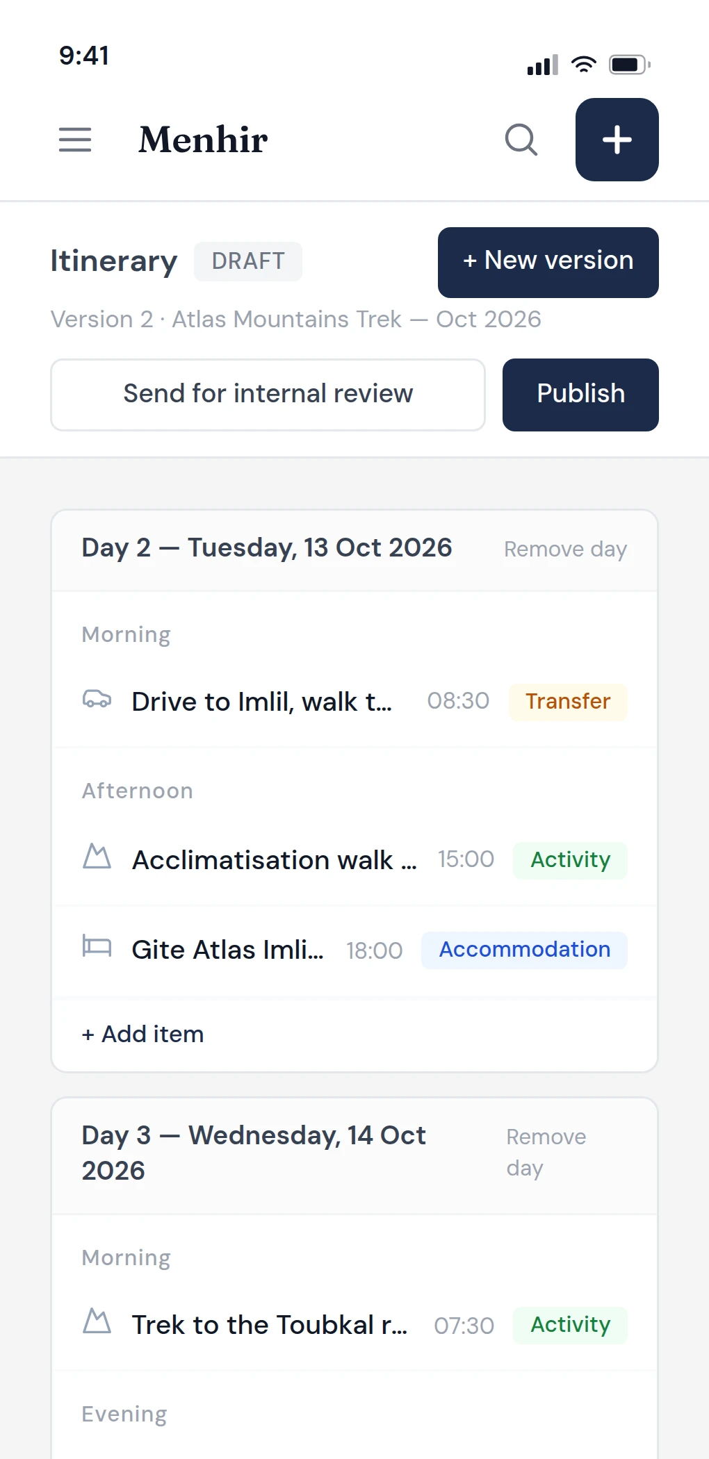 The day-by-day itinerary builder on a phone, with items arranged into mornings, afternoons and evenings.