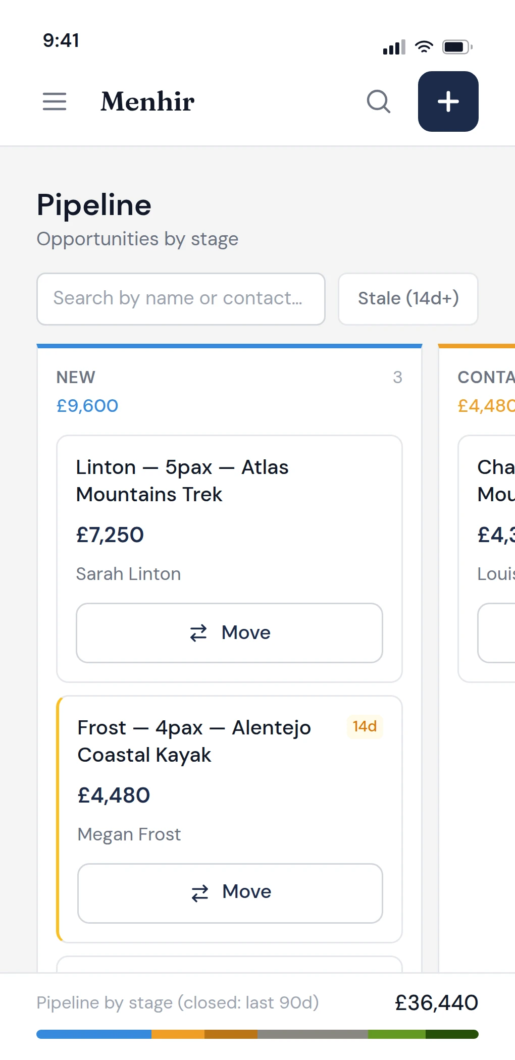 The enquiry pipeline on a phone: stage columns with their values, and a Move button on each card.