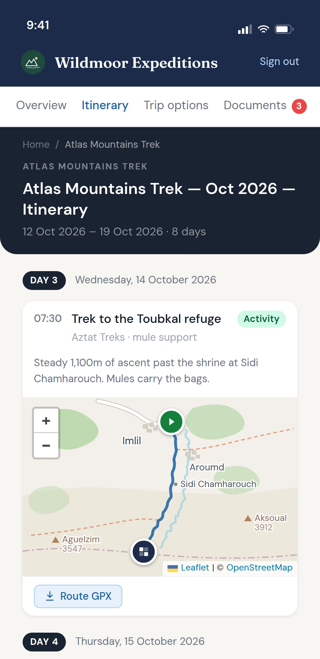A day of the itinerary on a phone, with the walking route drawn on a map and a button to download it as a GPX file.