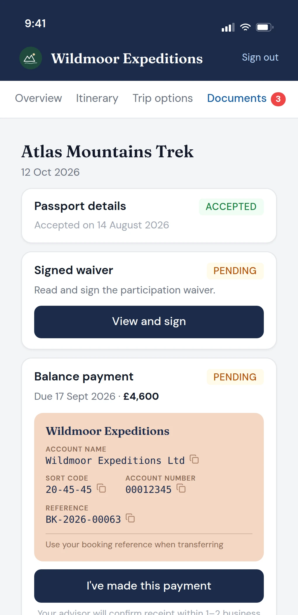 The traveller's documents and payments on a phone, with the operator's bank details on a payment card.