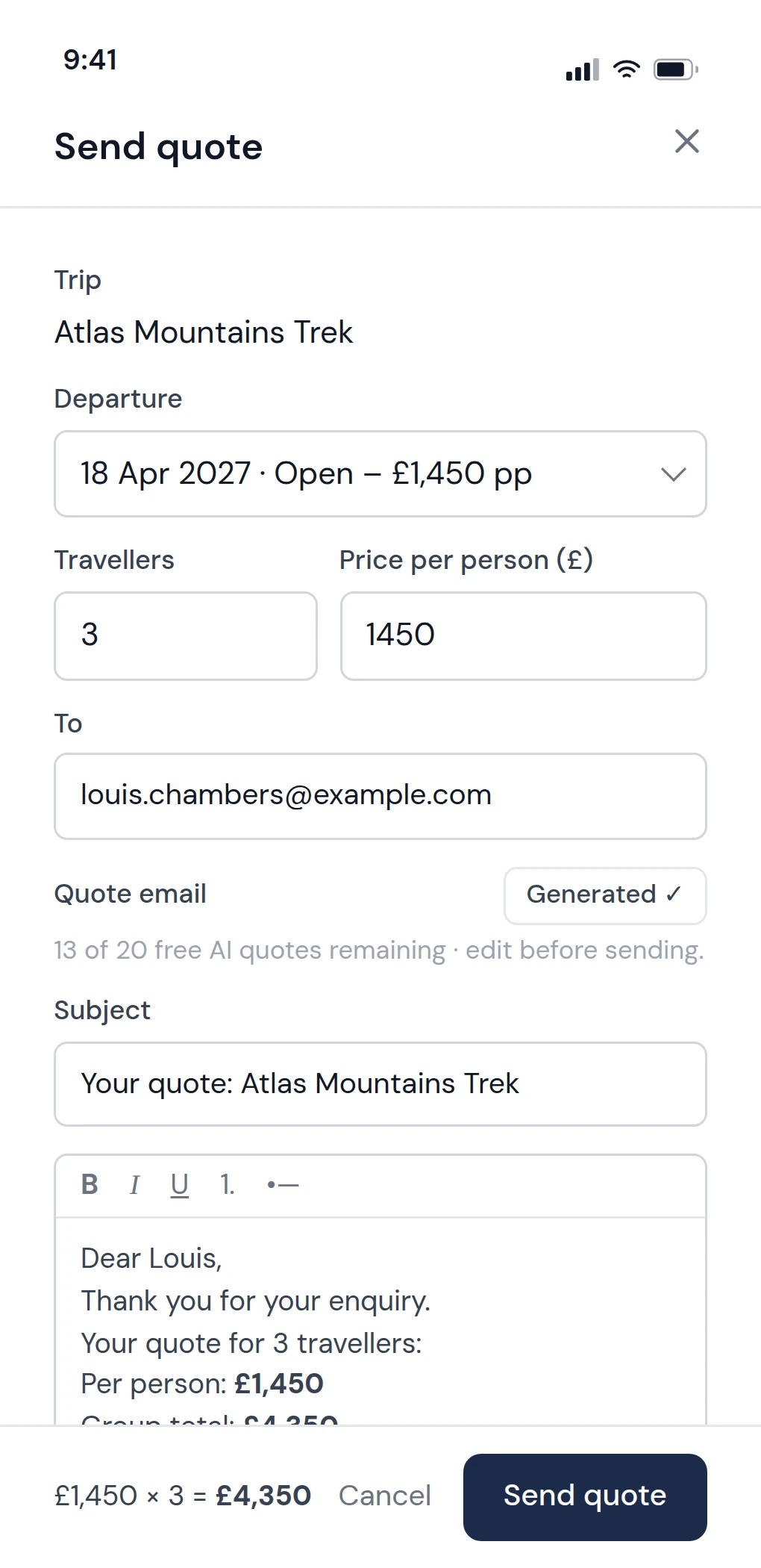 The send-quote panel on a phone, with the AI-drafted quote email and the price per person.