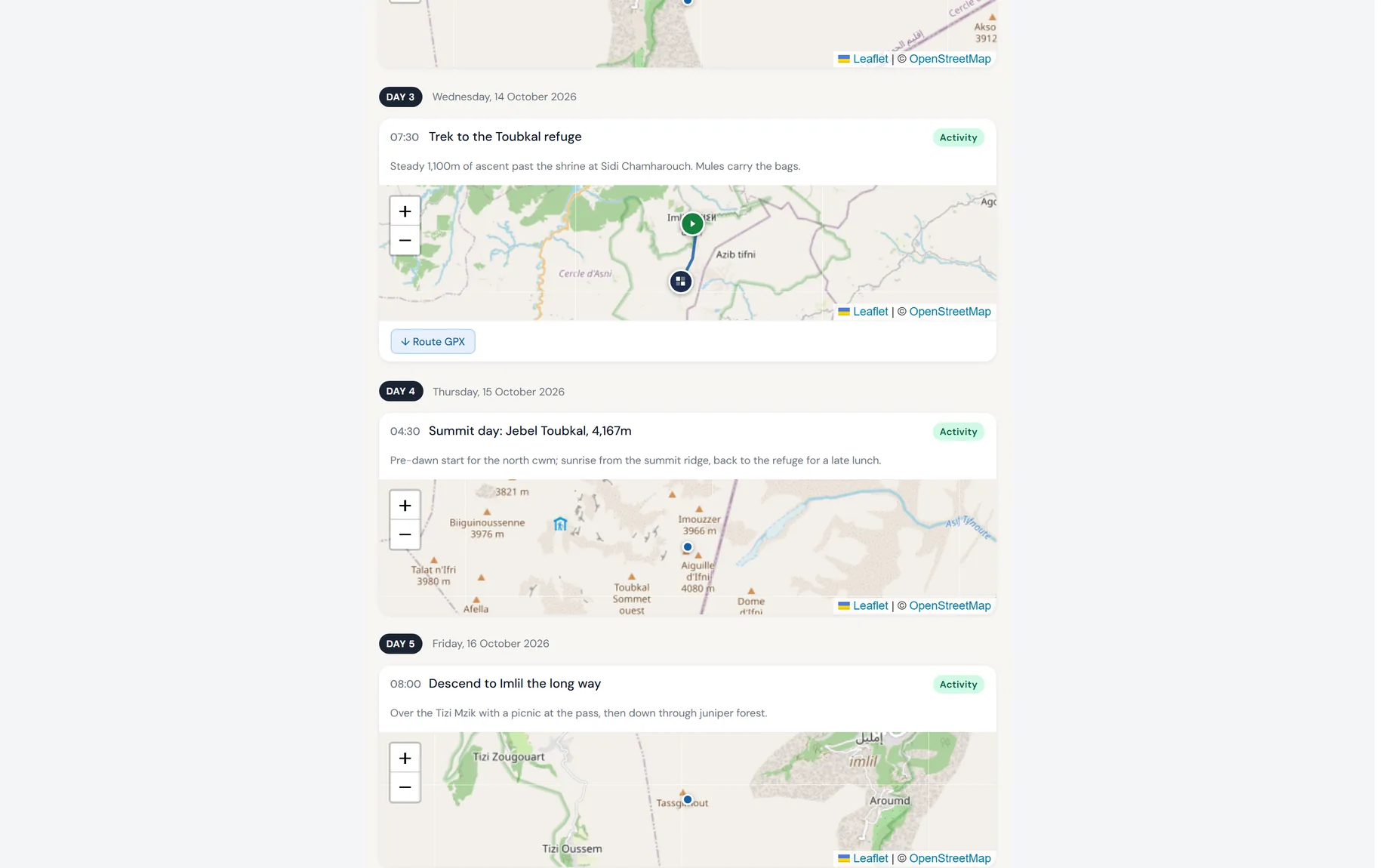 A day of the itinerary in the traveller portal showing the walking route drawn on a map, with start and finish markers and a button to download the route as a GPX file.