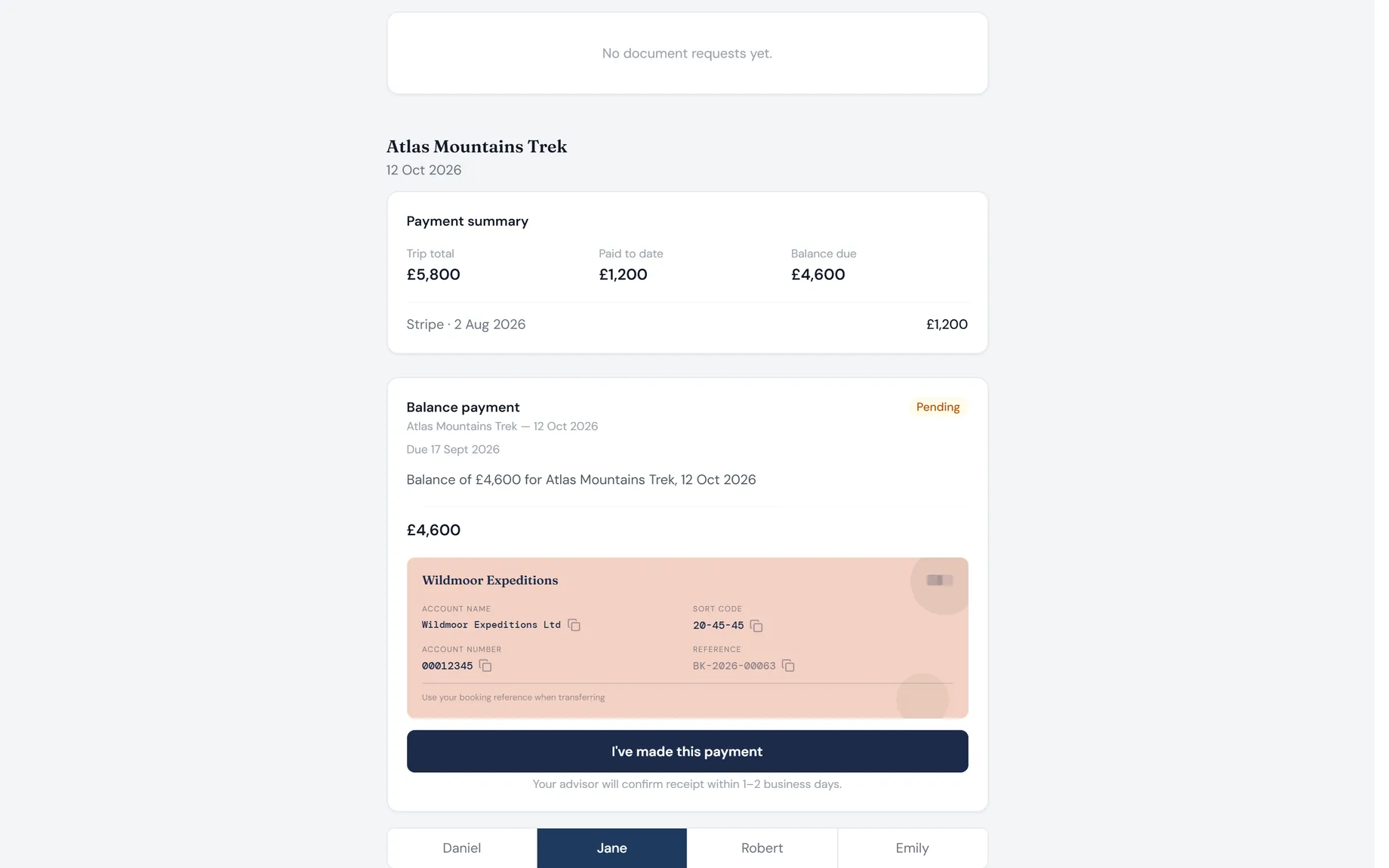 The traveller's document and payment requests: passport, insurance, medical form and waiver alongside a deposit and balance to pay.